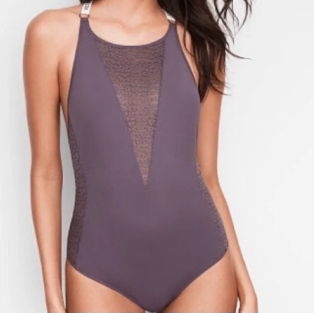 NEW Victoria Secret Teddy Babydoll One Piece Purple Lace Logo Y Back Small